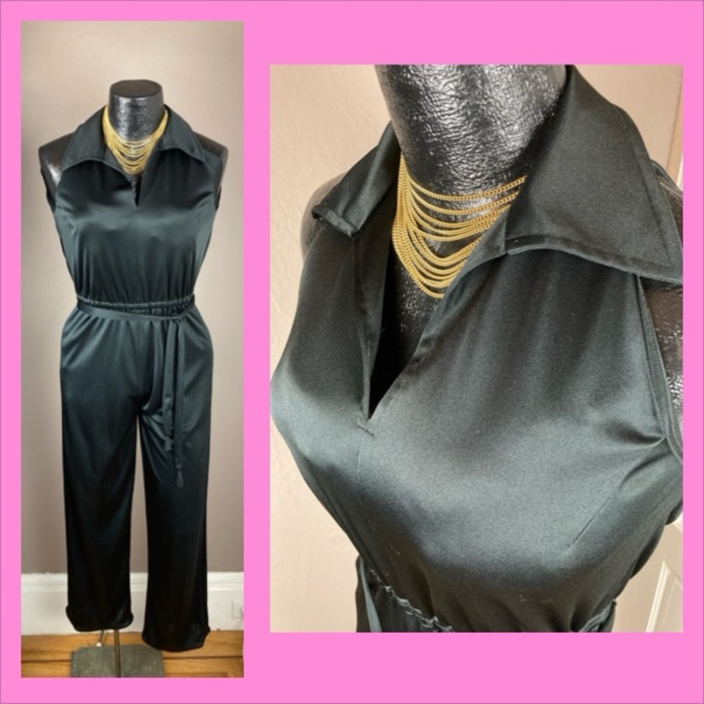 1970s Black Qiana Disco Jumpsuit - M/L